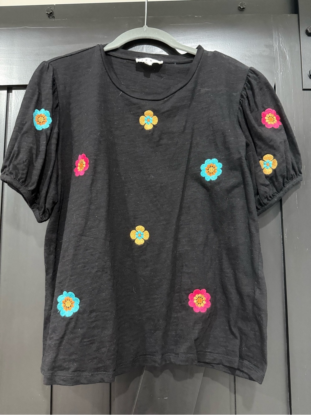 THML Black Short Sleeve Top with Multicolor Floral Appliqué